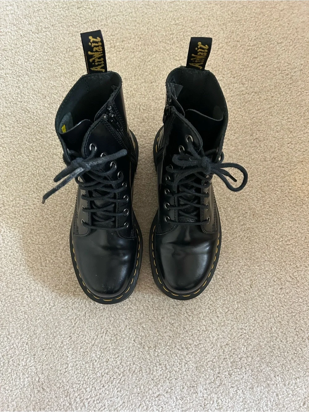 Dr. Martens Black Smooth Leather Platform Lace-Up Boots with Yellow Stitching